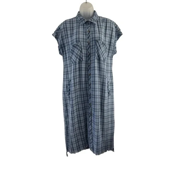 Billy T Shirt Dress Womens Medium Blue Plaid Button Front Pockets Midi Casual - Picture 1 of 16